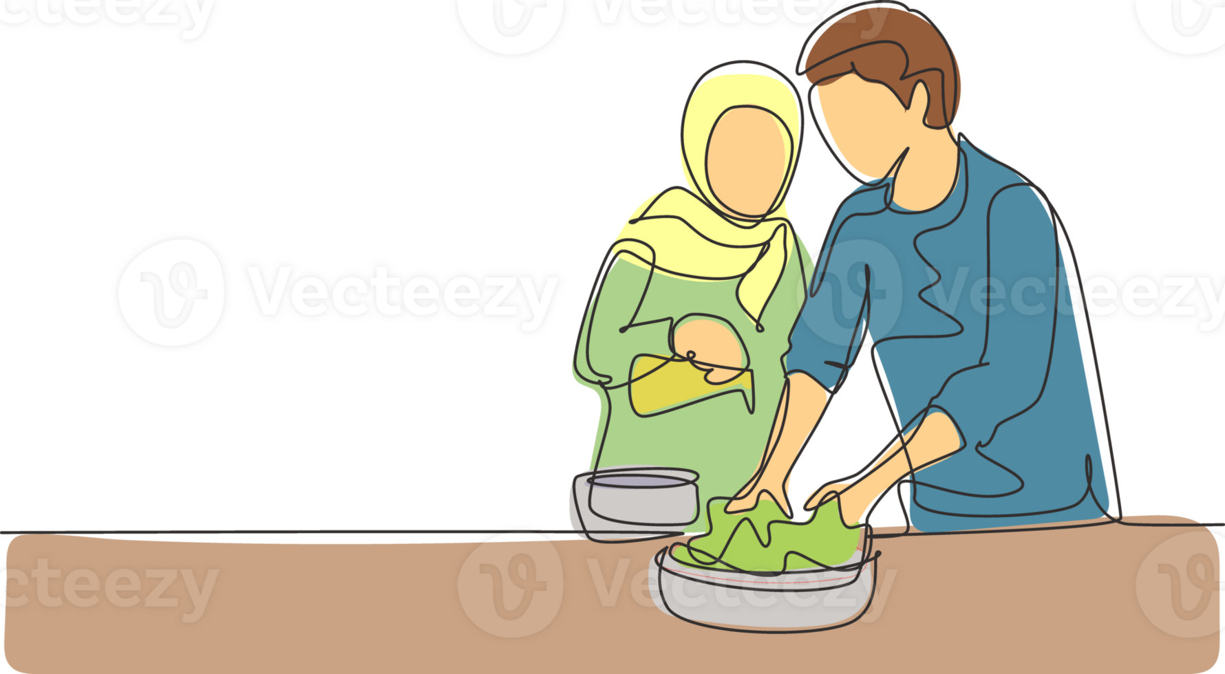 Continuous one line drawing beautiful Arabian wife helping her husband make dough by adding olive oil. Pastry preparation in cozy kitchen at home. Single line draw design graphic illustration png