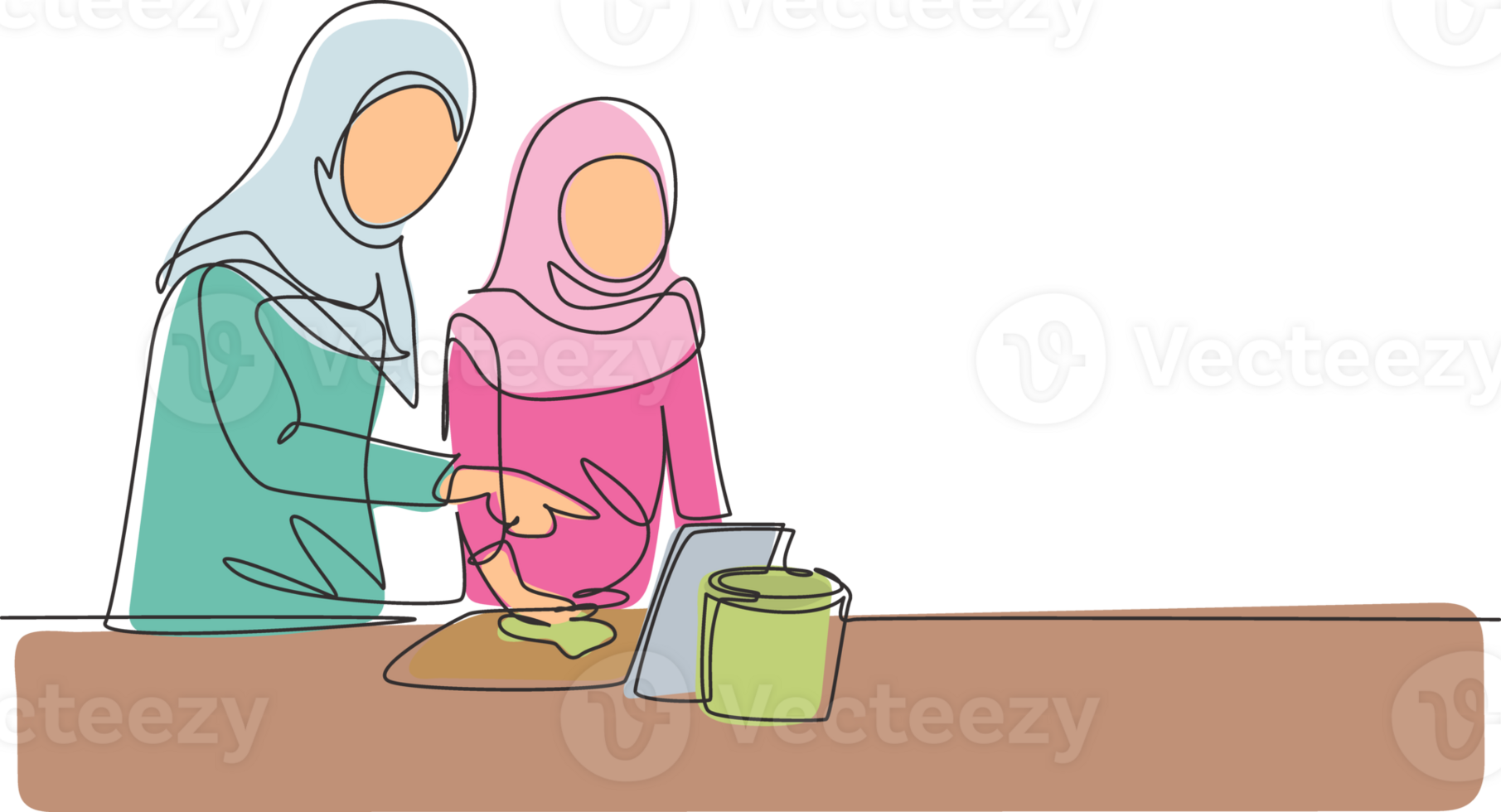 Single continuous line drawing Arabian mother and daughter cooking together while watching tutorial from tablet. Learn to cook with technology. Dynamic one line draw graphic design illustration png