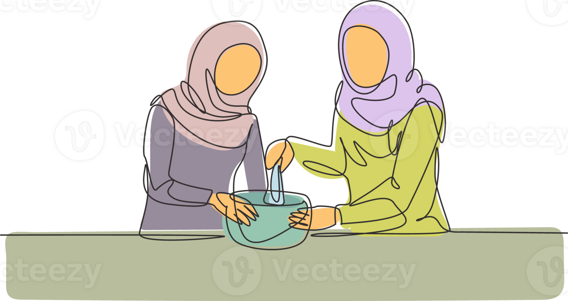 Single continuous line drawing happy Arab family mother-in-law and daughter-in-law daughter knead cake dough using manual hand mixer in cozy kitchen. One line draw graphic design illustration png