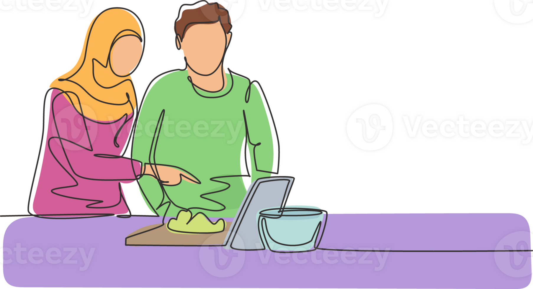 Single continuous line drawing romantic Arab couple cooking together while watching tutorial from tablet. Learn to cook with modern technology. Dynamic one line draw graphic design illustration png