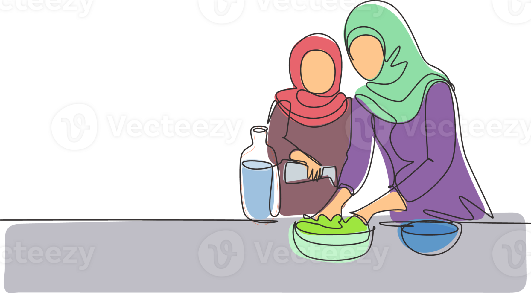 Single continuous line drawing Arabian little daughter helping her mother make dough by adding olive oil. Pastry preparation in cozy kitchen at home. One line draw graphic design illustration png