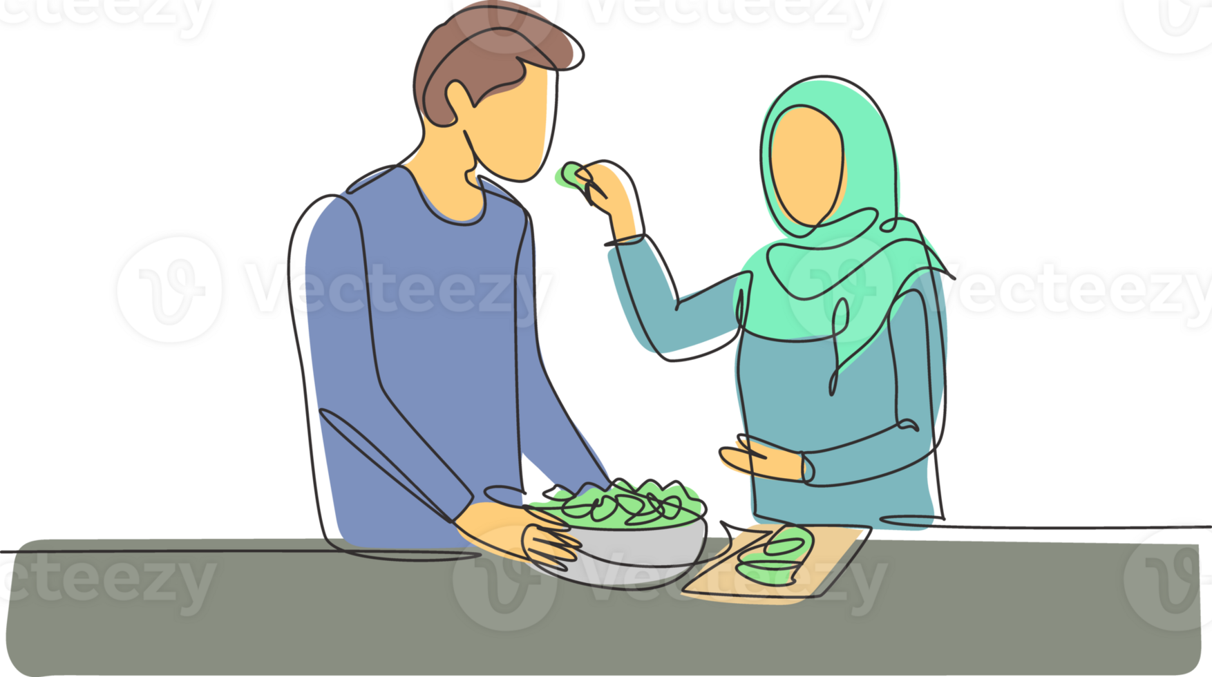 Single continuous line drawing beautiful Arab wife feeds her husband food and in front of him is bowl filled with salad. Cooking together in kitchen. One line draw graphic design illustration png