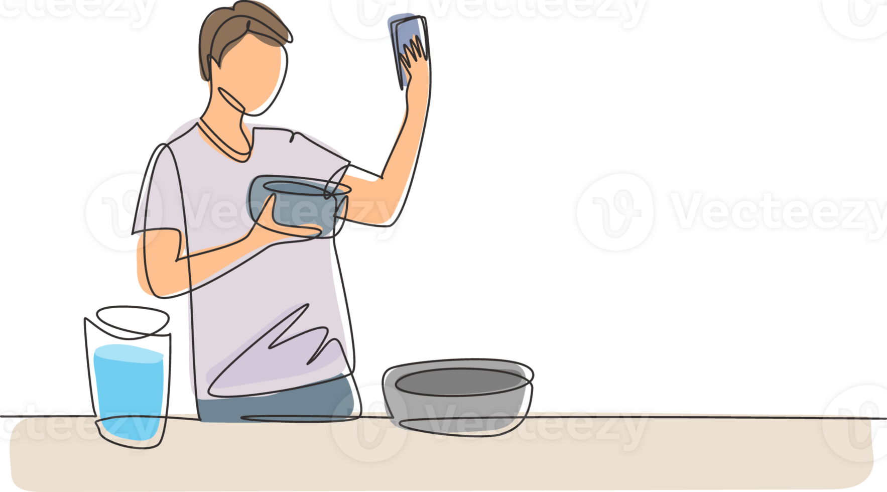 Single continuous line drawing handsome male taking selfie or making video call using her smartphone while cooking fresh salad. Healthy food concept. One line draw graphic design illustration png