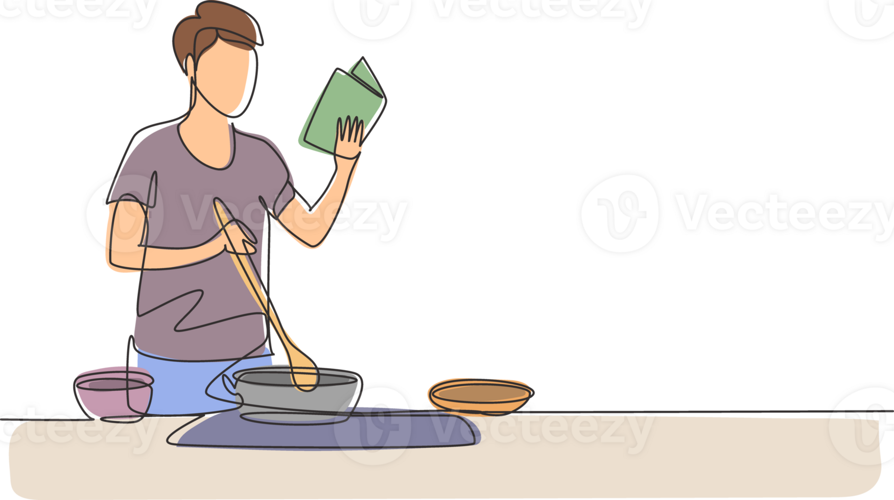 Single continuous line drawing young man cooking while reading book she is holding. Healthy food lifestyle concept. Cooking at home. Prepare food. One line draw graphic design illustration png