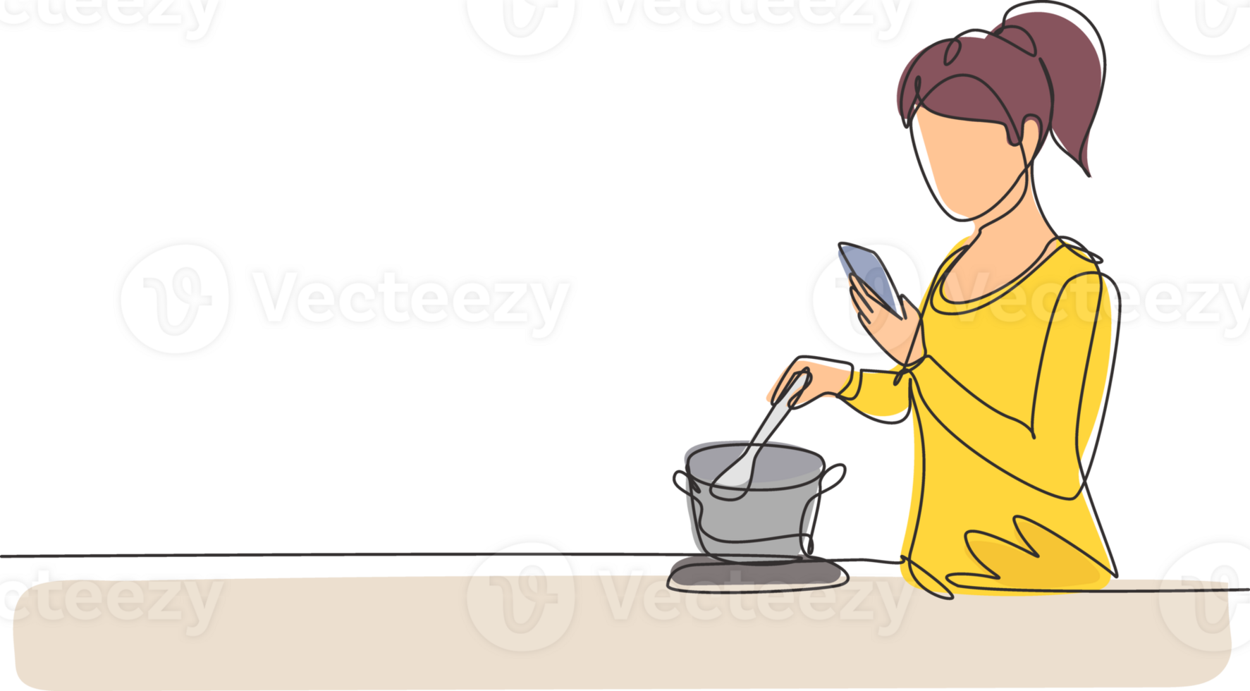 Single one line drawing beautiful wife is cooking while looking at tutorial on smartphone. Learn to cook with modern technology. Prepare food. Continuous line draw design graphic illustration png