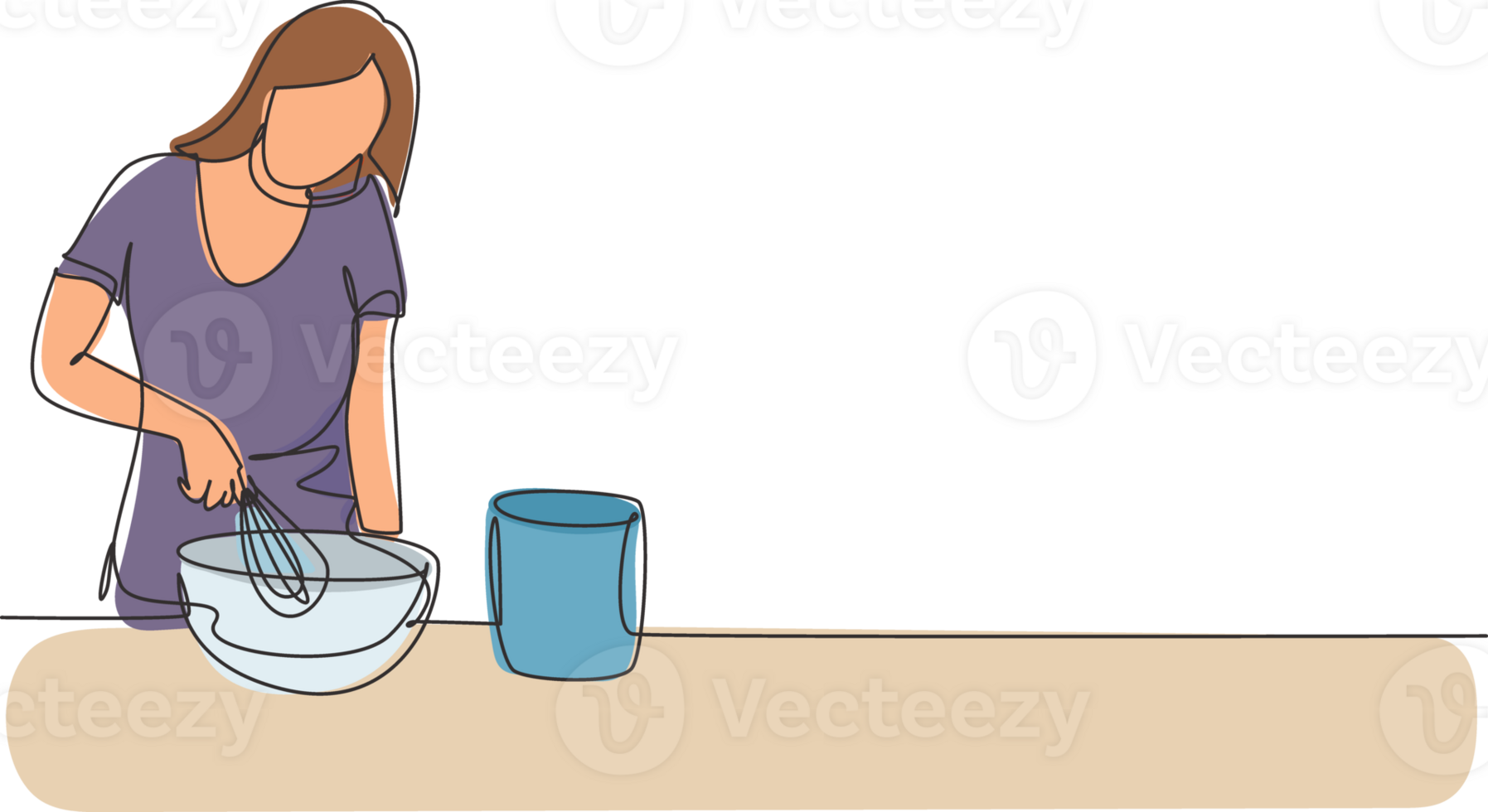 Continuous one line drawing woman talks on smartphone while preparing dinner while standing in kitchen and knead cake dough using manual hand mixer. Single line draw design graphic illustration png