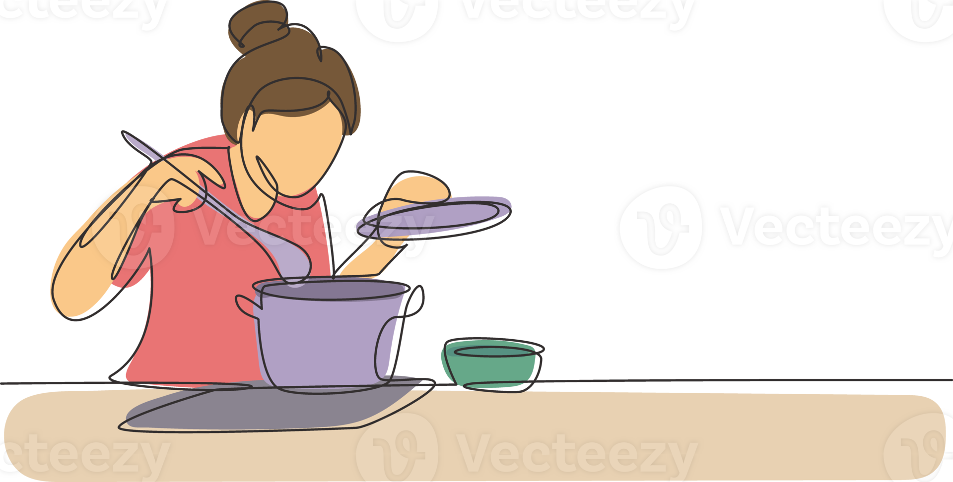 Continuous one line drawing beautiful housewife enjoying smell of cooking from pot. Prepare food at cozy kitchen. Cooking at home. Healthy food. Single line draw design graphic illustration png