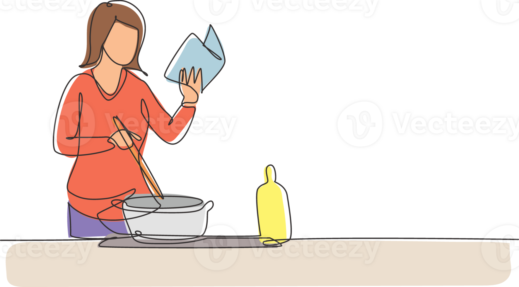 Single one line drawing young woman cooking while reading book she is holding. Healthy food lifestyle concept. Cooking at home. Prepare food. Continuous line draw design graphic illustration png