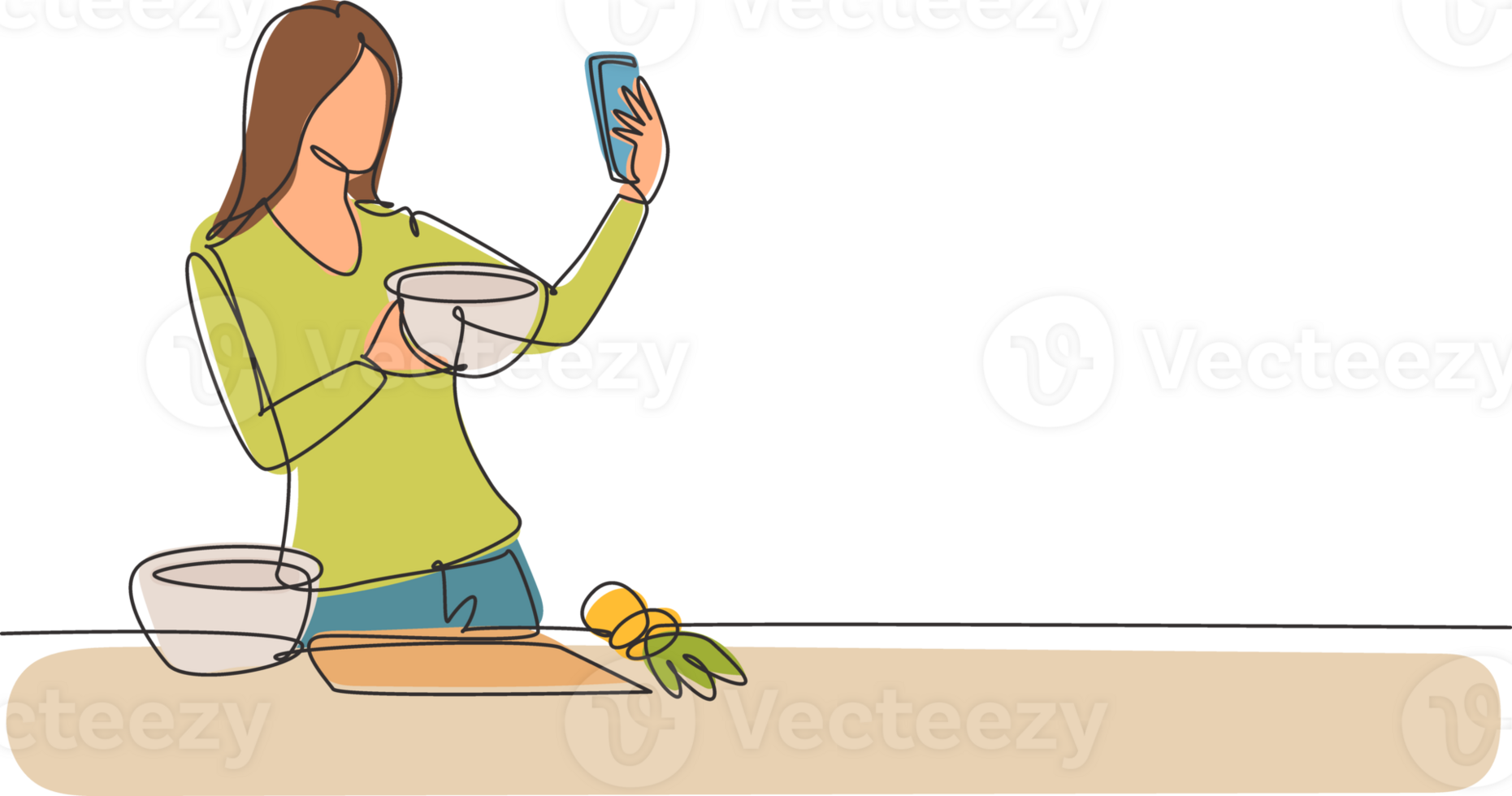 Continuous one line drawing pretty housewife taking selfie or making video call using her smartphone while cooking fresh salad. Healthy food concept. Single line design graphic illustration png