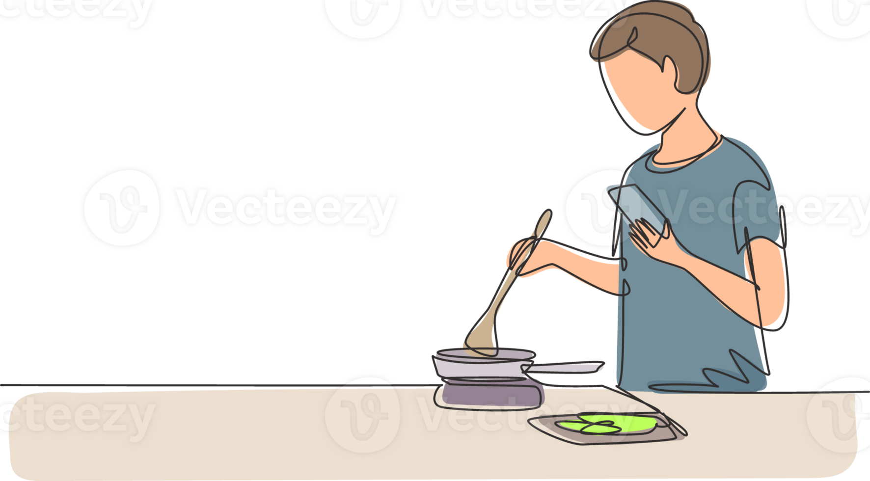 Continuous one line drawing handsome husband is cooking while looking at tutorial on smartphone. Learn to cook with modern technology. Prepare food. Single line draw design graphic illustration png