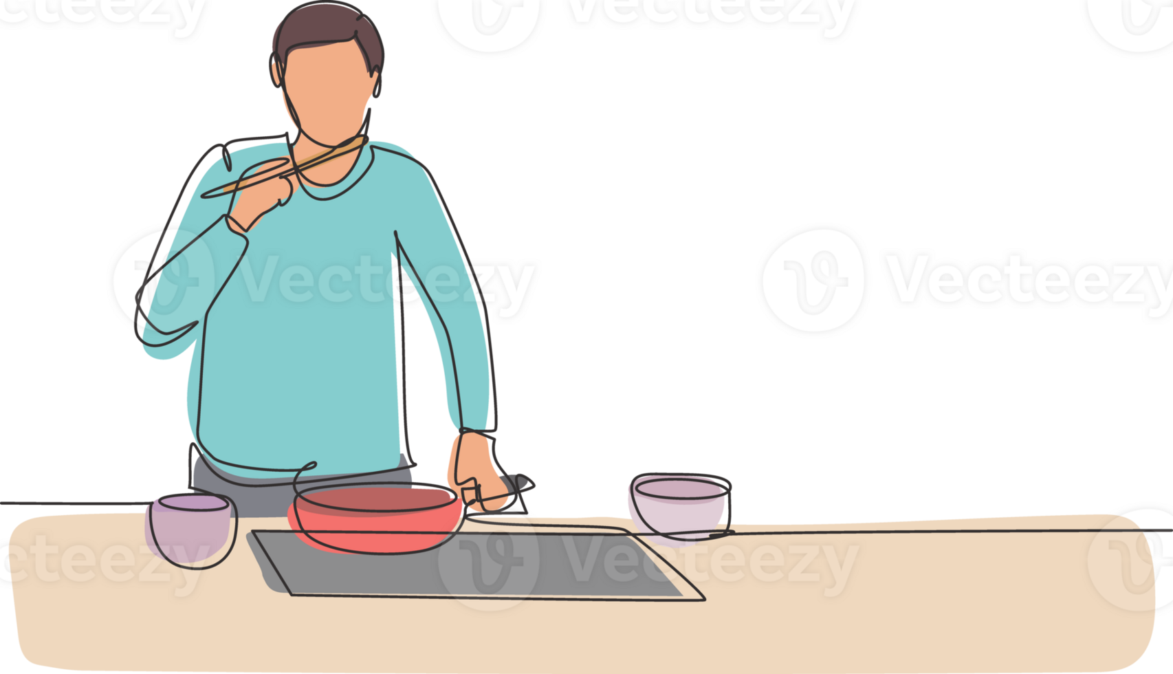 Continuous one line drawing young handsome male mixing tomato sauce, tasting, and relish meal with wooden spatula. Prepare food at cozy kitchen. Single line draw design graphic illustration png
