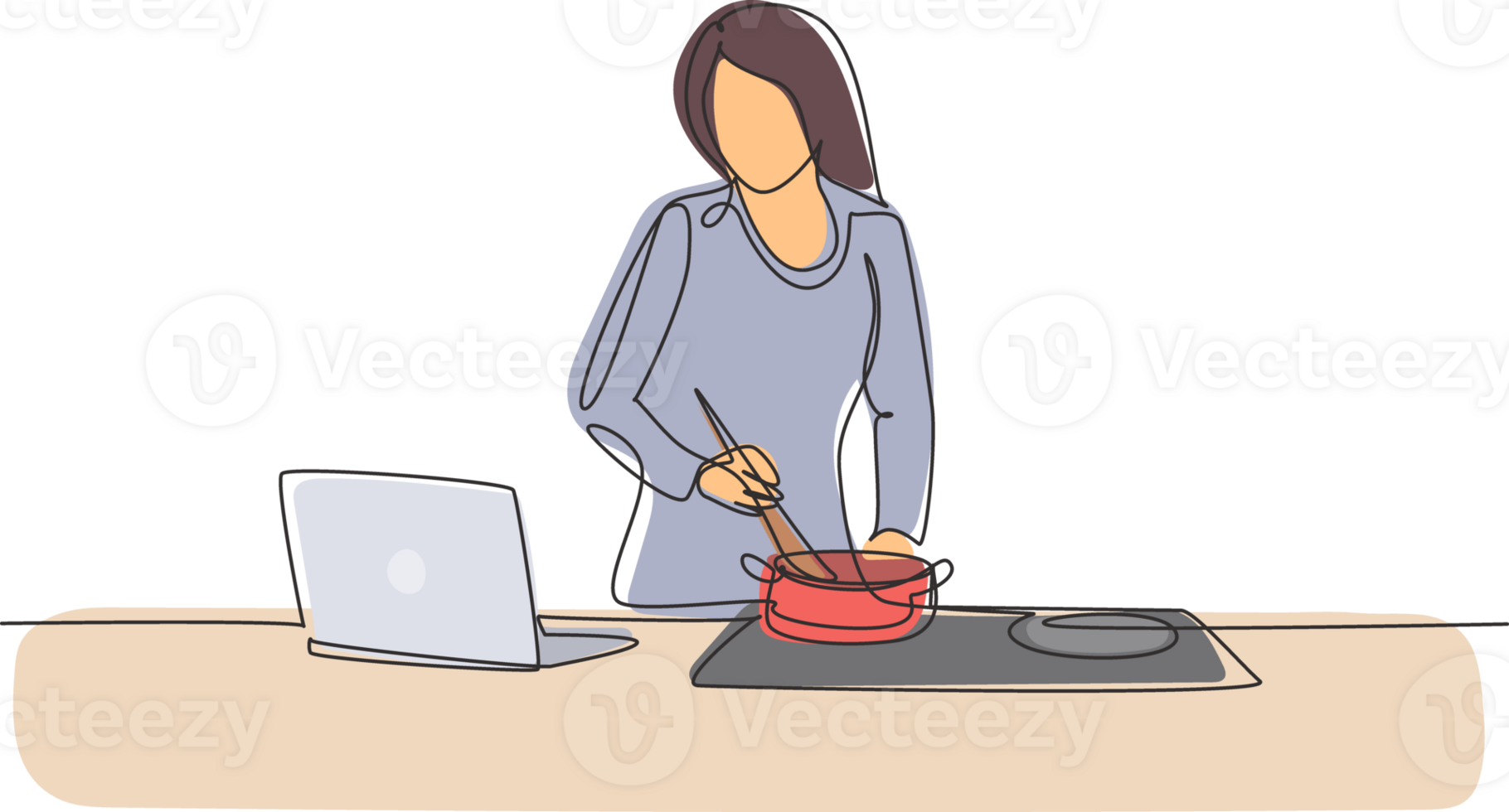 Continuous one line drawing woman cooking dinner has video call conversation in kitchen. Female talking with friend using application on laptop. Single line draw design graphic illustration png