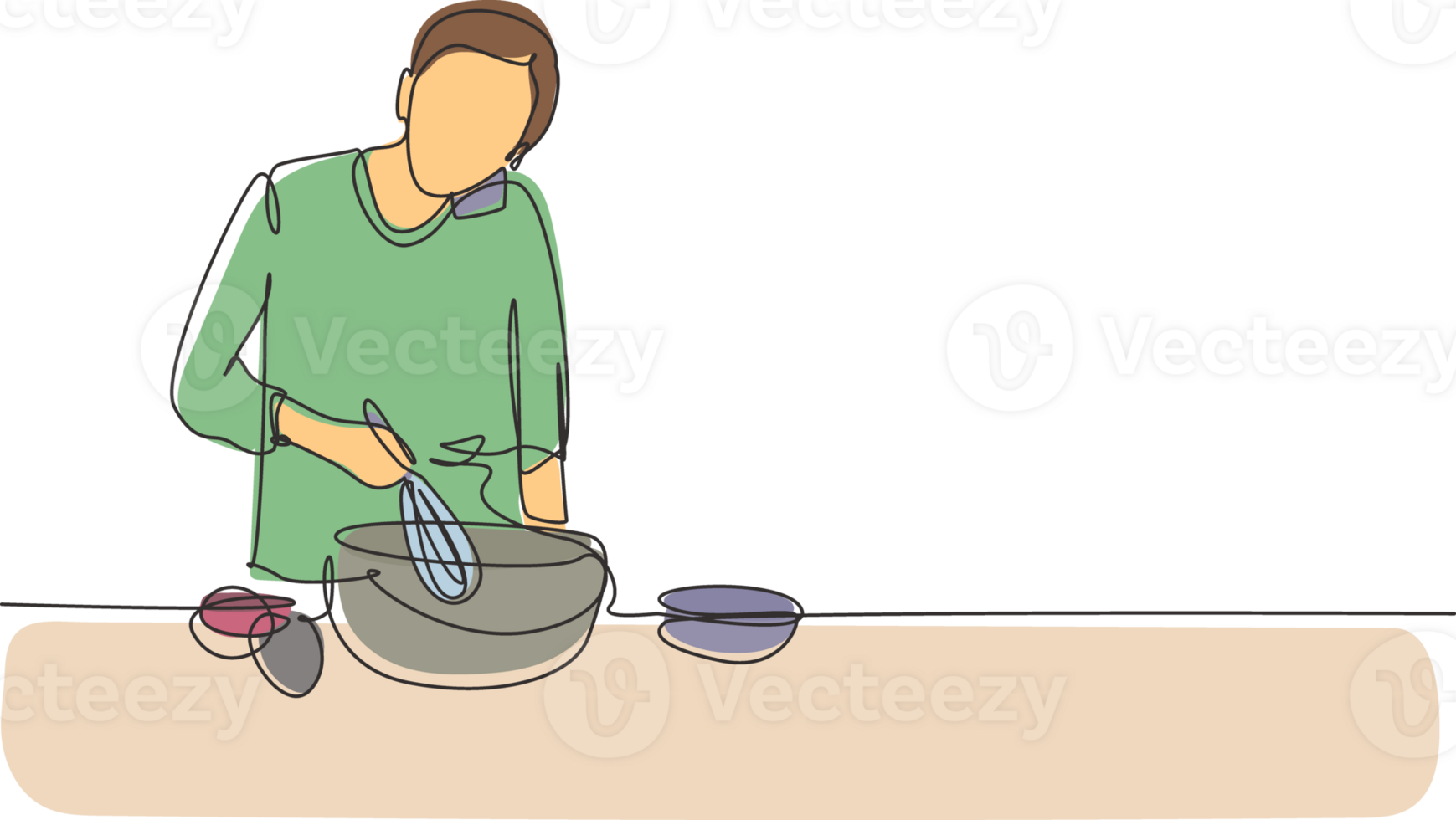 Single continuous line drawing man talks on smartphone while preparing dinner while standing in kitchen and knead cake dough using manual hand mixer. One line draw graphic design illustration png