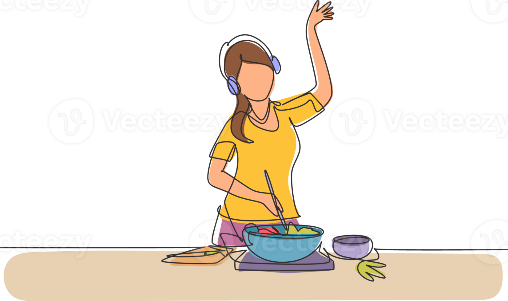 Single continuous line drawing young woman cooking and listening to music in kitchen. Healthy food illustration. Healthy lifestyle concept. Cooking at home. Prepare food. One line draw graphic design png