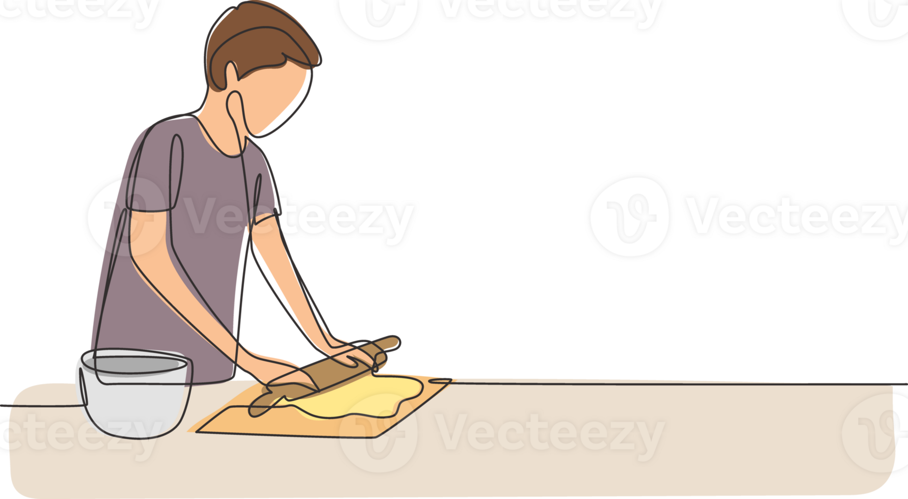 Single continuous line drawing young man making cookie dough using rolling pin at cozy kitchen table. Making bakery and homemade pizza at home. Dynamic one line draw graphic design illustration png