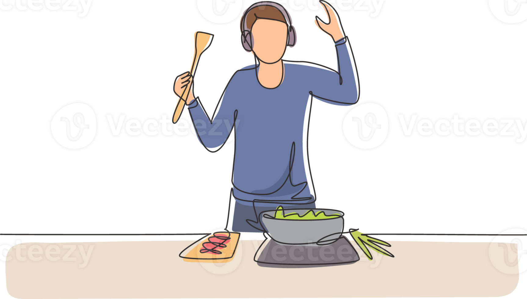 Single one line drawing young man cooking and listening to music in kitchen. Healthy food illustration. Healthy lifestyle concept. Cooking at home. Prepare food. Continuous line draw design graphic png