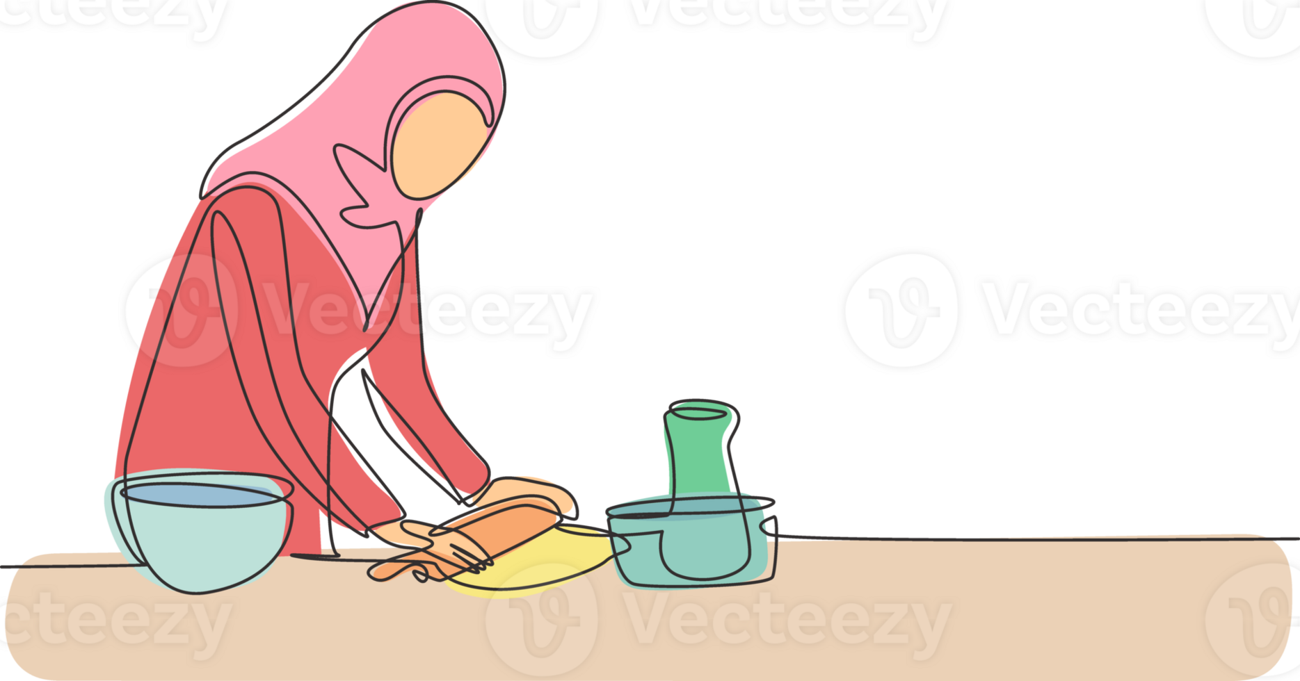 Single one line drawing Arab woman making cookie dough using rolling pin at cozy kitchen table. Making bakery and homemade pizza at home. Modern continuous line draw design graphic illustration png