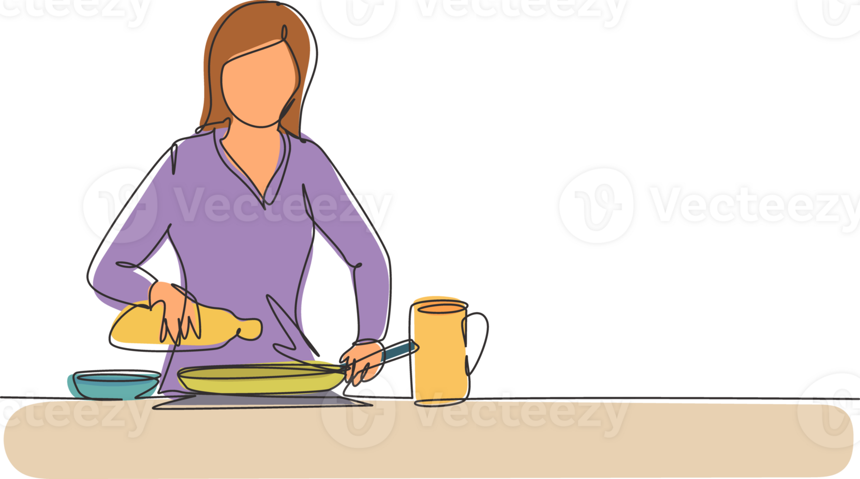 Continuous one line drawing beautiful woman pouring cooking oil from bottle into frying pan on stove. Prepare food at cozy kitchen. Cooking at home. Single line draw design graphic illustration png