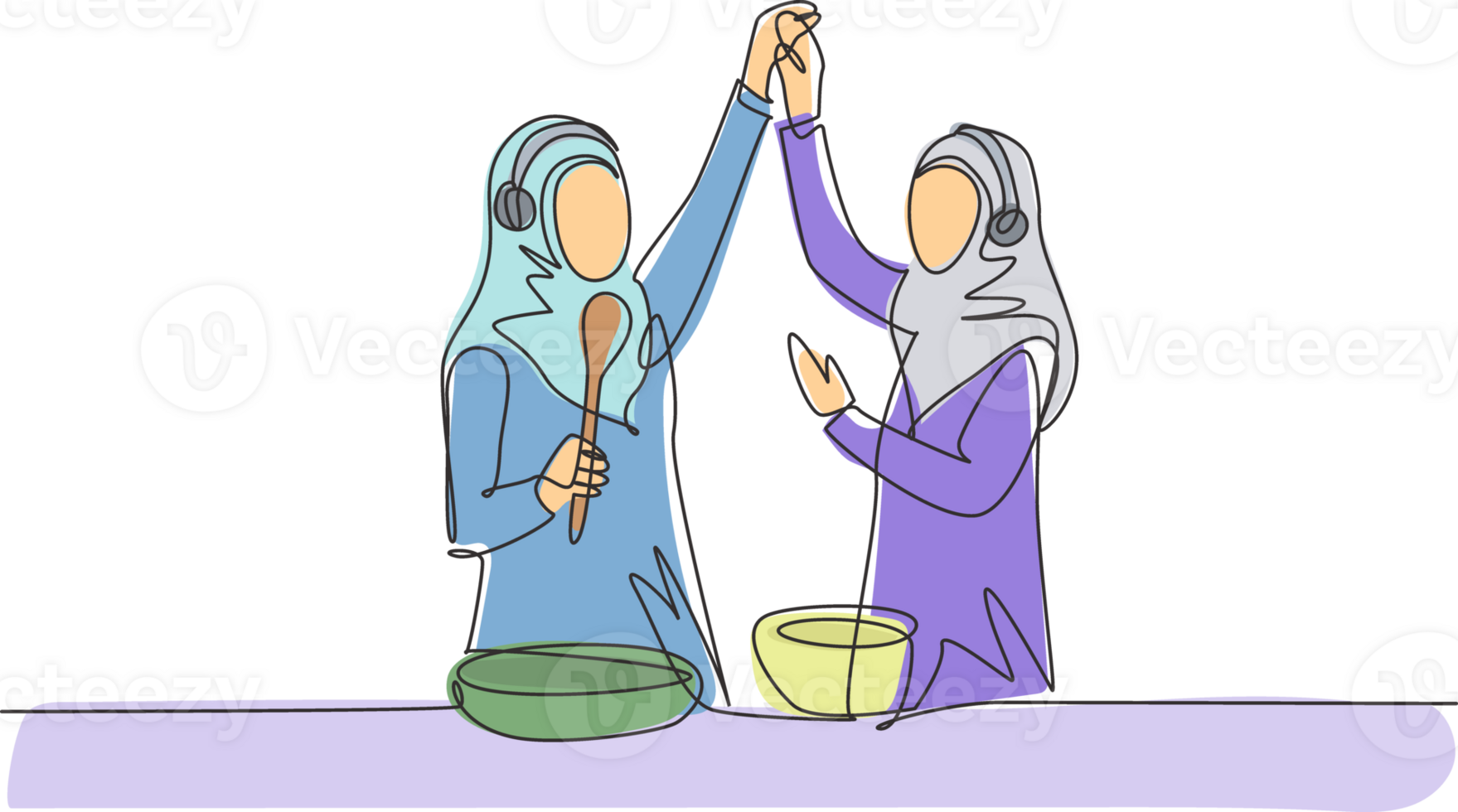 Continuous one line drawing two Arabian woman smiling and dancing with frying pan and spatula in hand while cooking together in kitchen at home. Single line draw design graphic illustration png