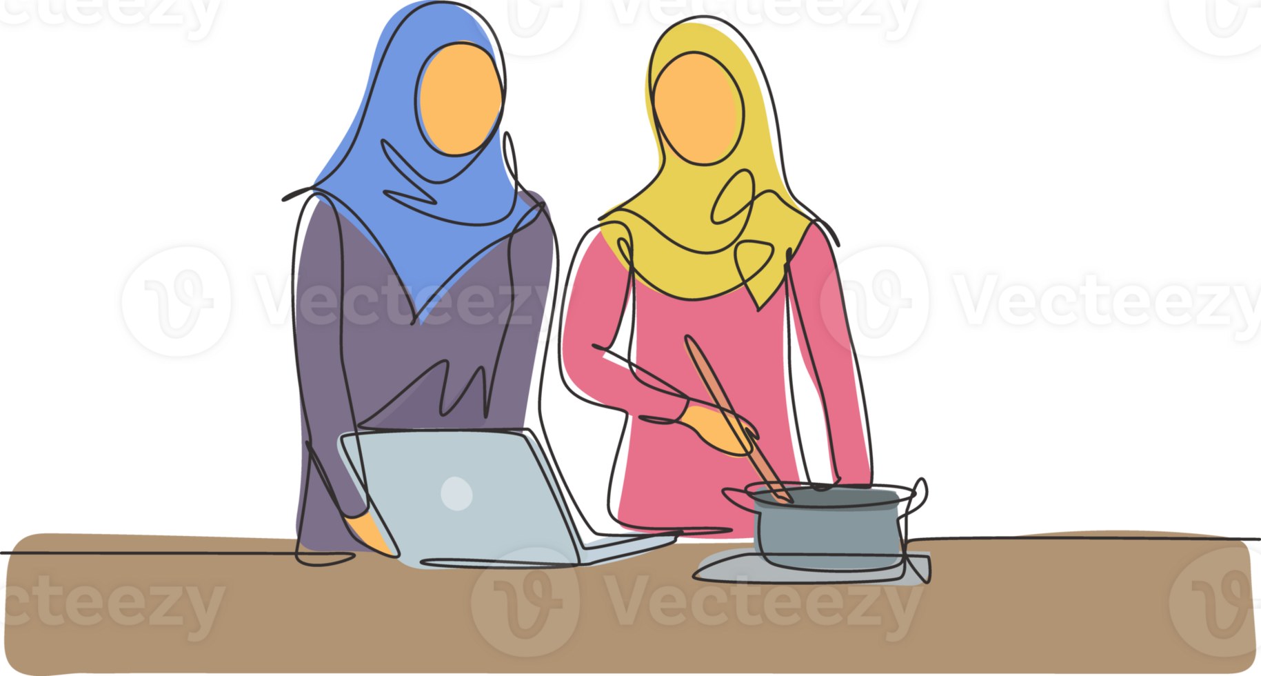 Single one line drawing two Arabian woman cooking dinner has video call conversation in kitchen and talking with friend using application on laptop. Continuous line design graphic illustration png
