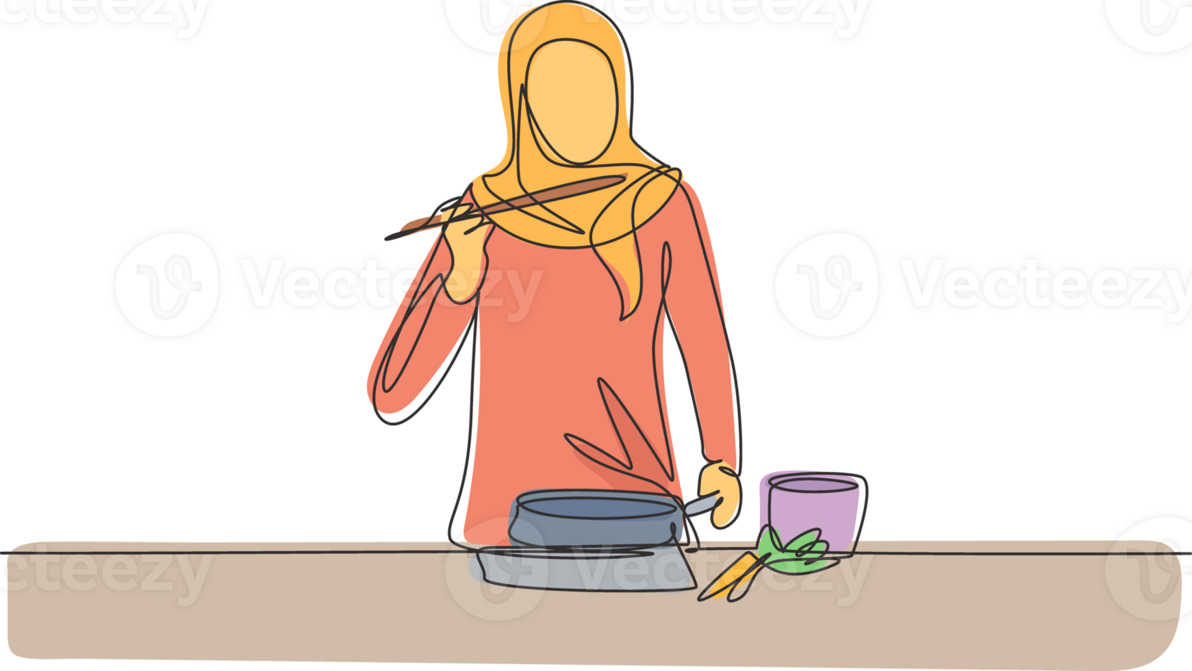 Single continuous line drawing Arabian woman mixing tomato sauce, tasting, and relish meal with wooden spatula. Prepare food at cozy kitchen. Dynamic one line draw graphic design illustration png