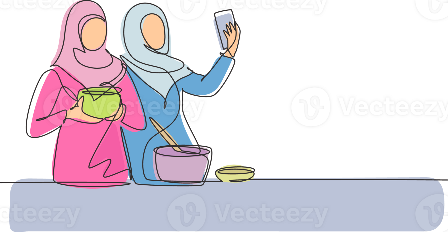 Continuous one line drawing two Arab woman taking selfie or making video call using her smartphone while cooking fresh salad. Healthy food concept. Single line draw design graphic illustration png