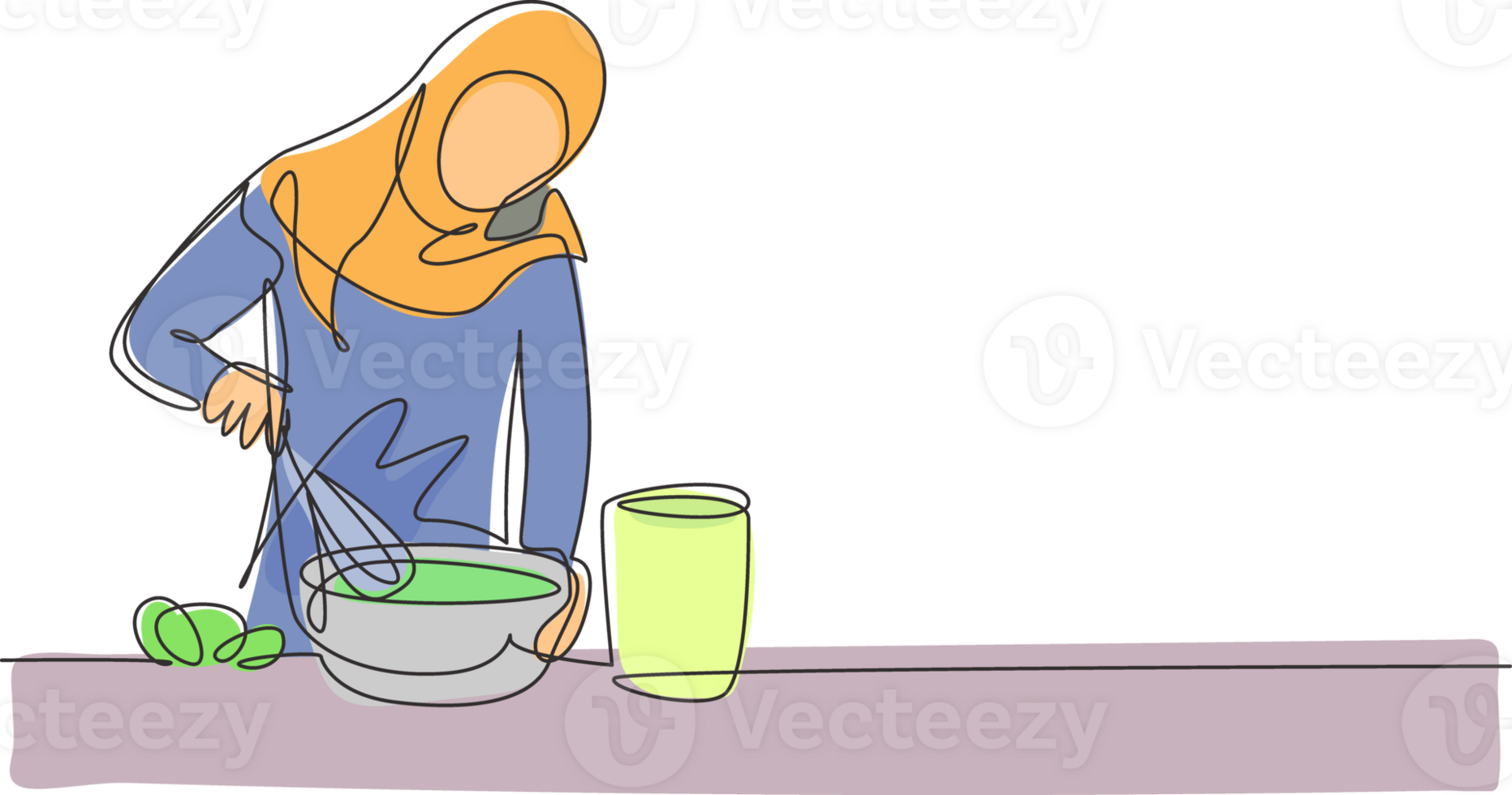 Continuous one line drawing Arabian woman talks on smartphone while preparing dinner in cozy kitchen and knead cake dough using manual hand mixer. Single line draw design graphic illustration png