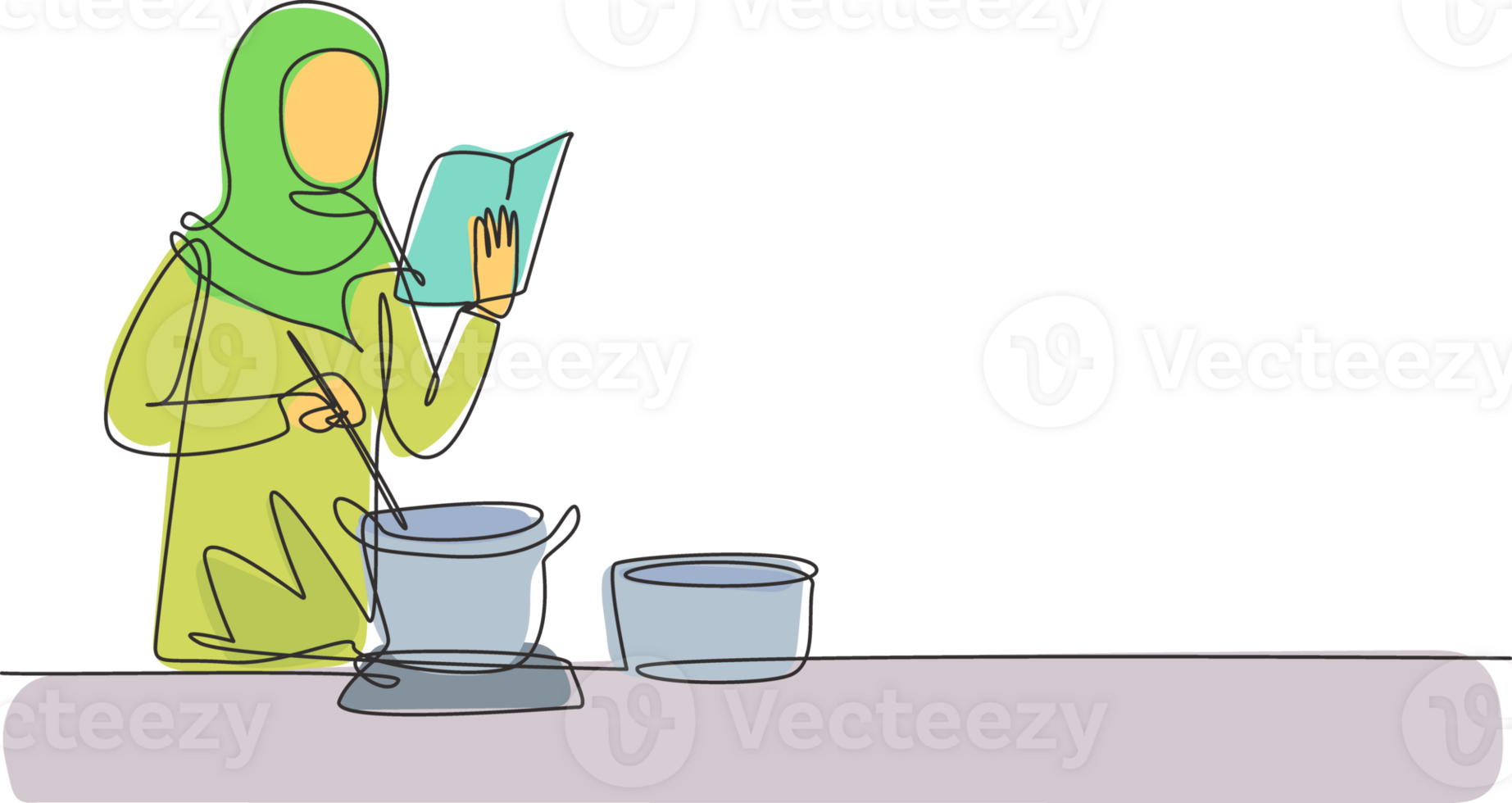 Single continuous line drawing Arabian woman cooking while reading book she is holding. Healthy food lifestyle concept. Cooking at home. Prepare food. One line draw graphic design illustration png