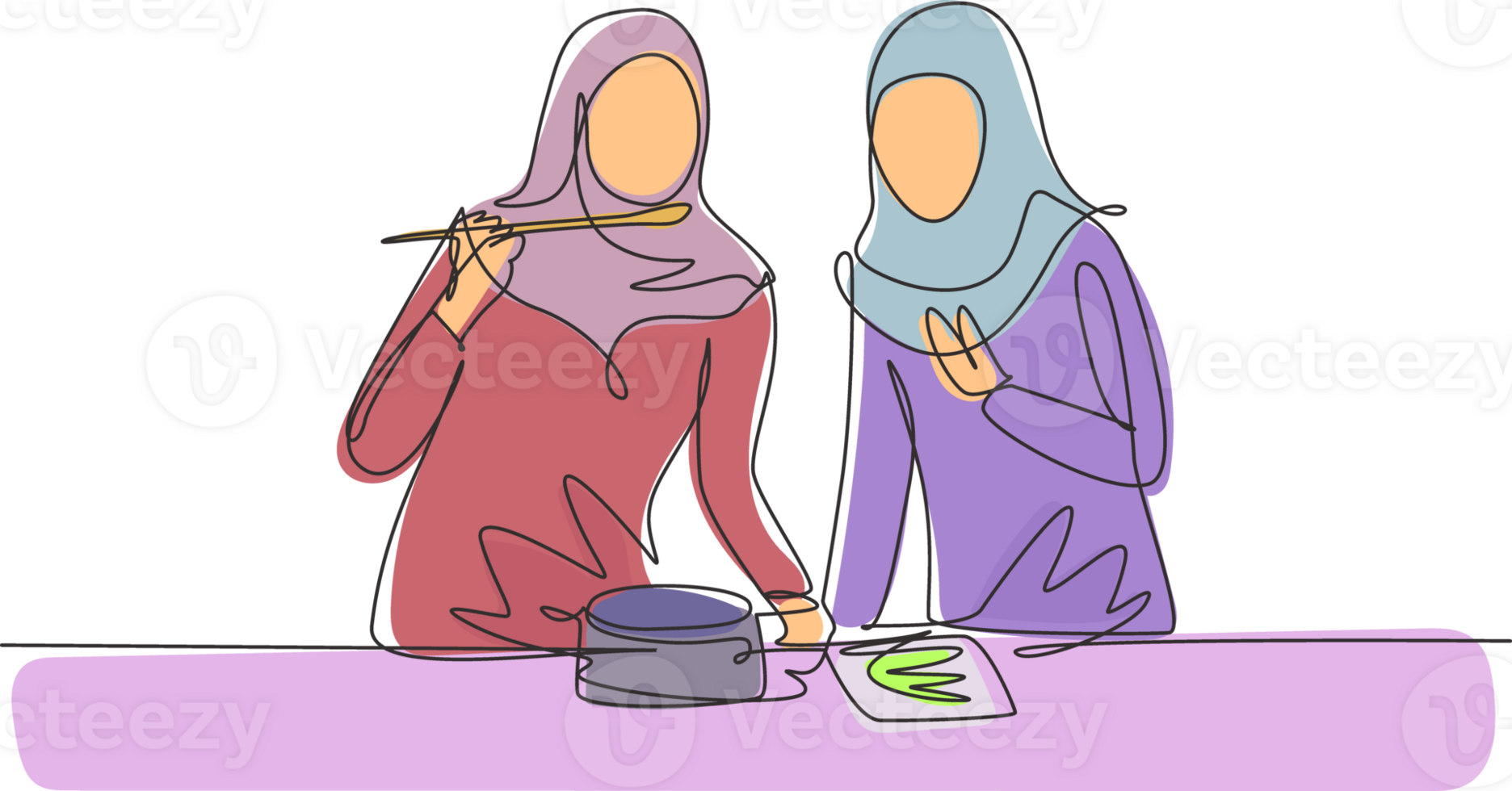 Single continuous line drawing two Arabian friends cook together and sing with spatulas as microphone. Dancing and having fun in kitchen. Dynamic one line draw graphic design illustration png