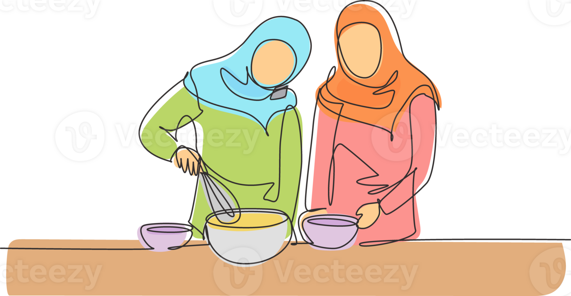 Single one line drawing two Arabian friends cook together while looking at tutorial on smartphone. Learn to cook with modern technology. Modern continuous line draw design graphic illustration png