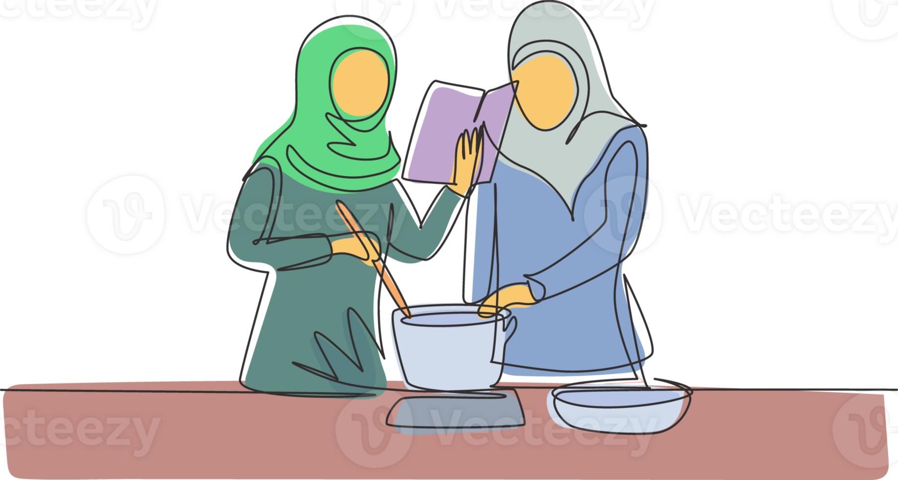 Single continuous line drawing two Arab woman cooking meal while reading tutorial book on cozy kitchen table at home. Healthy food lifestyle. Dynamic one line draw graphic design illustration png