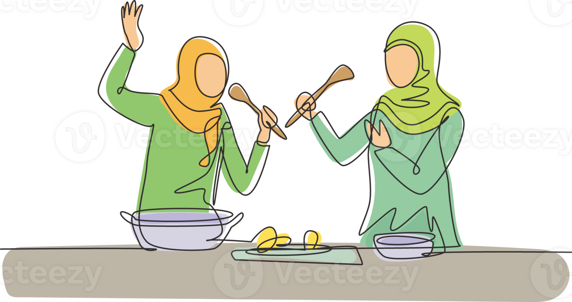 Single continuous line drawing two Arabian friends cook together and sing with spatulas as microphone. Dancing and having fun in kitchen. Dynamic one line draw graphic design illustration png