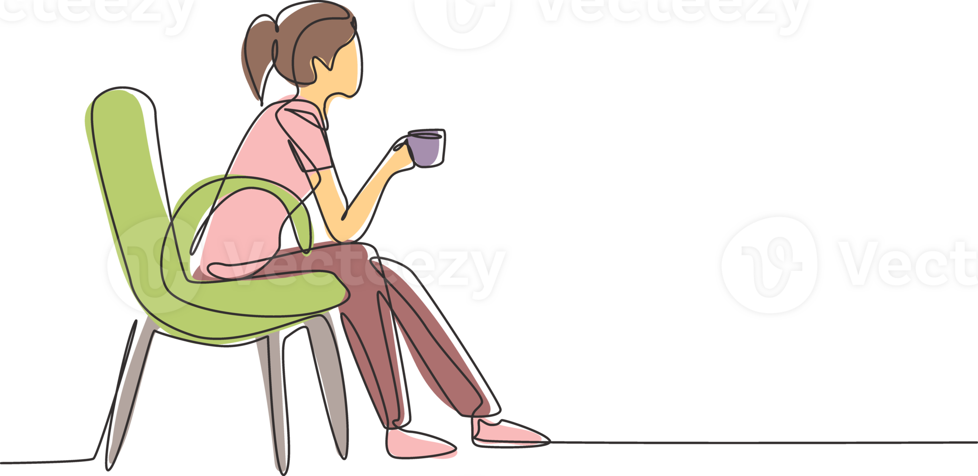 Single continuous line drawing young pretty girl sitting in modern chair, enjoying coffee in front of window at cozy home, side view concept. Dynamic one line draw graphic design illustration png