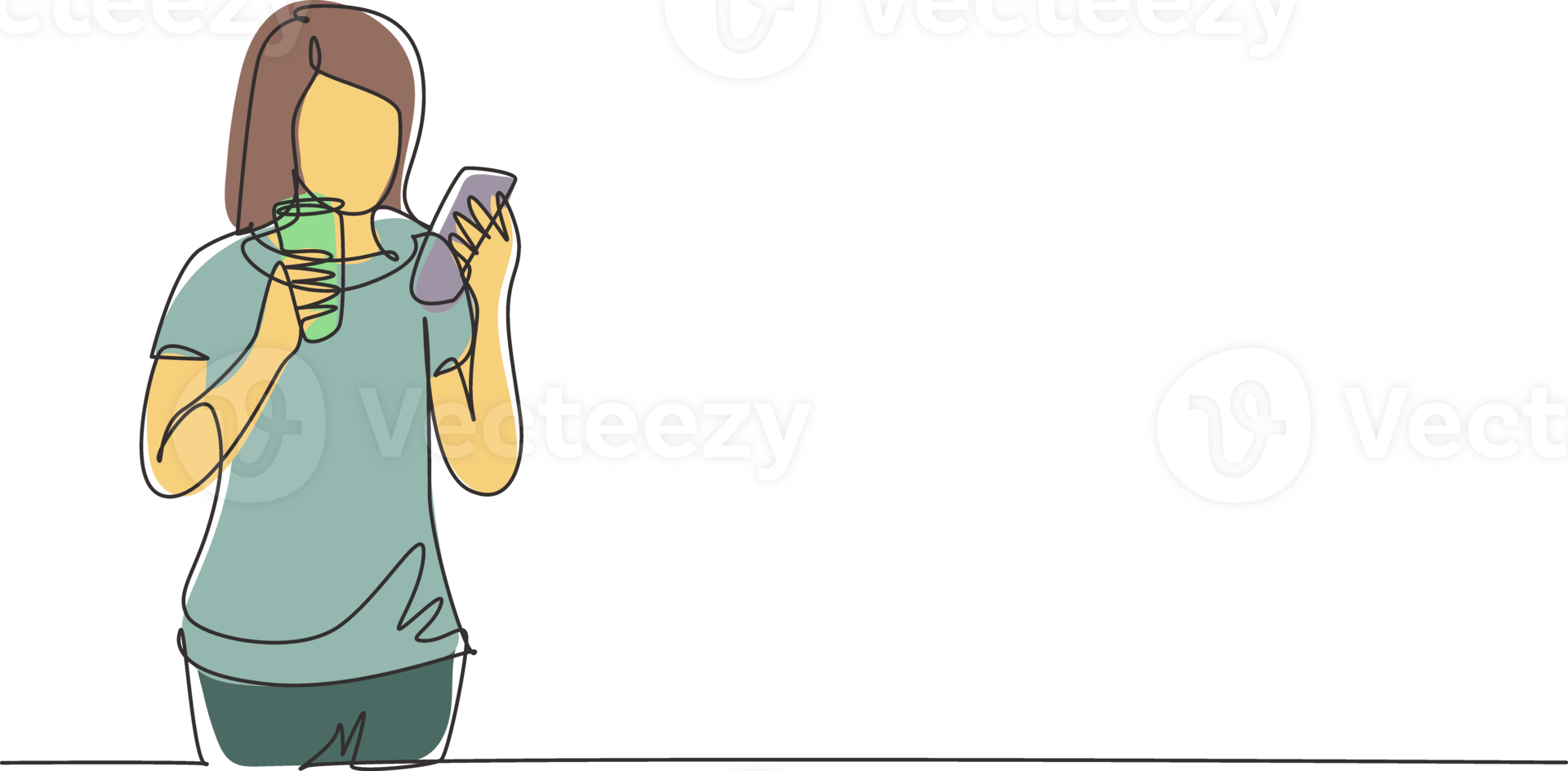 Continuous one line drawing smiling beautiful woman looking at mobile phone and holding glass of orange juice while having breakfast at cozy home. Single line draw design graphic illustration png