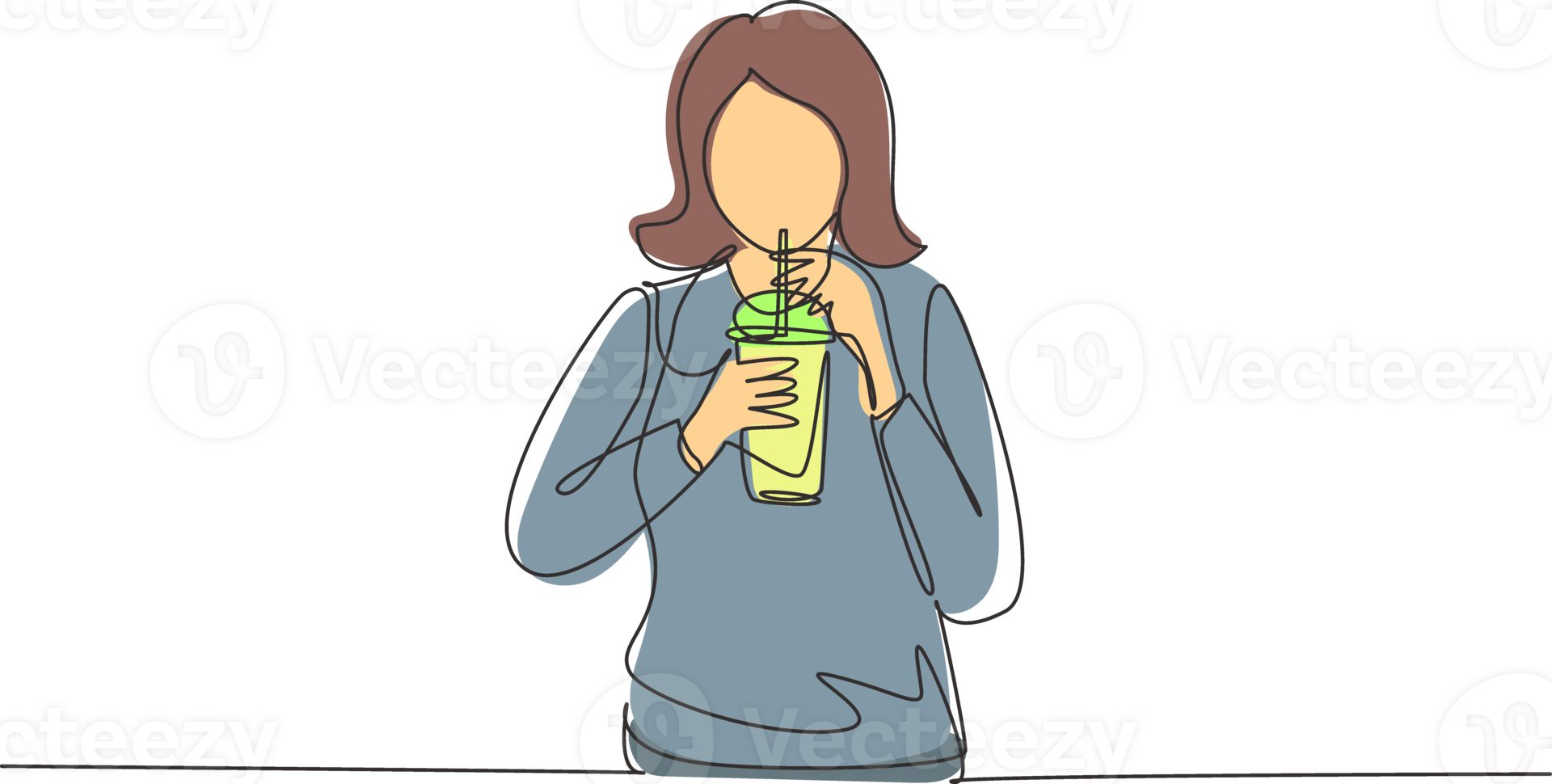 Single continuous line drawing beautiful woman hold plastic cup and drink iced green tea with straw. Make her refreshing in summer season. Dynamic one line draw graphic design illustration png