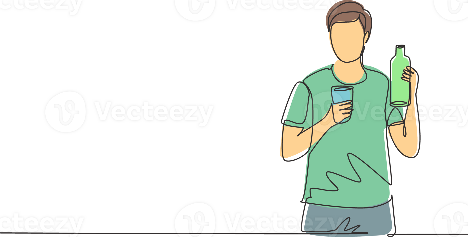 Single continuous line drawing young handsome man holding bottle in one hand and glass of orange juice in the other while having breakfast at home. One line draw graphic design illustration png