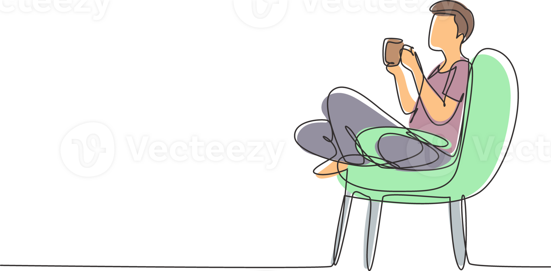 Single continuous line drawing tea time. Relaxed handsome boy sitting in modern chair, enjoying hot coffee in front of window, side view, free space. One line draw graphic design illustration png