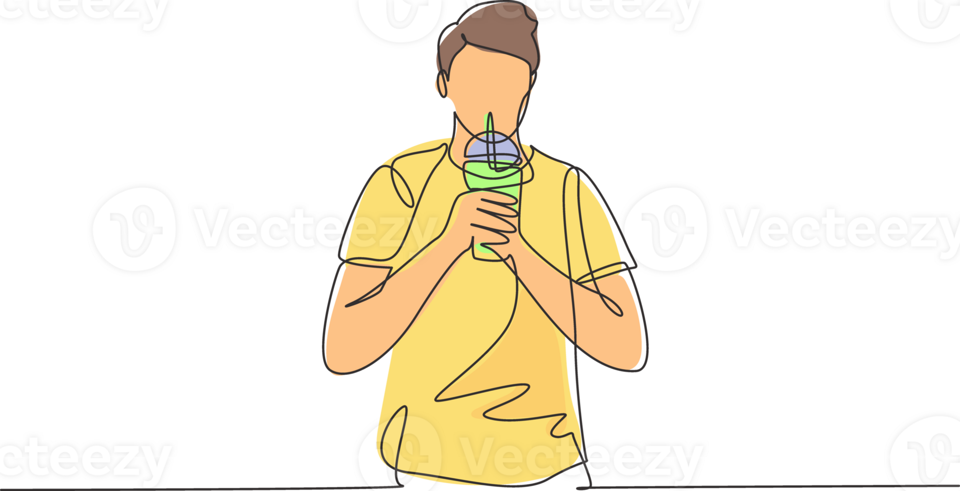 Single one line drawing young handsome male hold plastic cup and drink iced green tea with straw. Make him refreshing in summer season. Modern continuous line draw design graphic illustration png