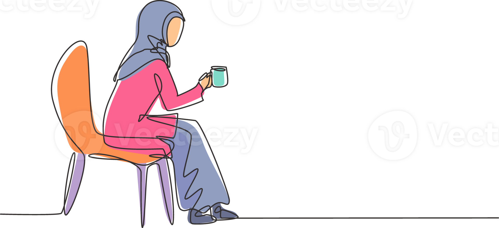 Single continuous line drawing young Arabian girl sitting in modern chair, enjoying coffee in front of window at cozy home, side view concept. Dynamic one line draw graphic design illustration png