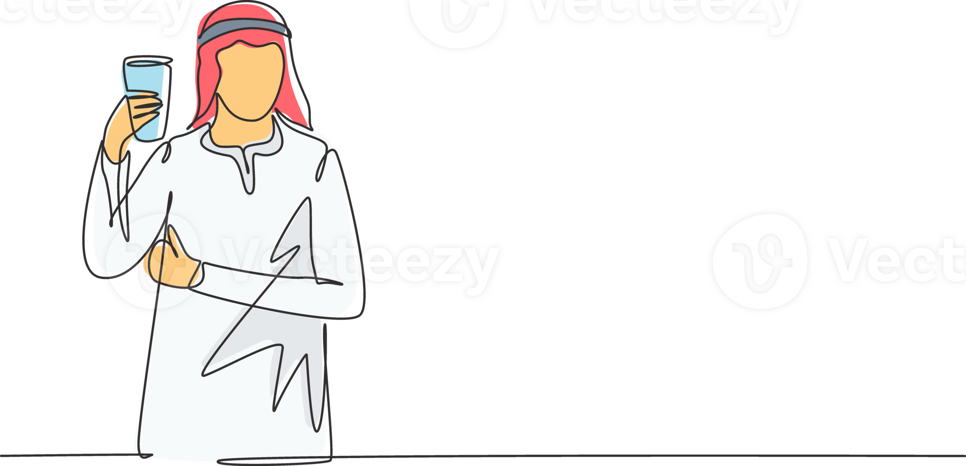 Single continuous line drawing portrait of happy young Arabian man holding glass of orange juice. Make him refreshing and enjoyment in summer season. One line draw graphic design illustration png