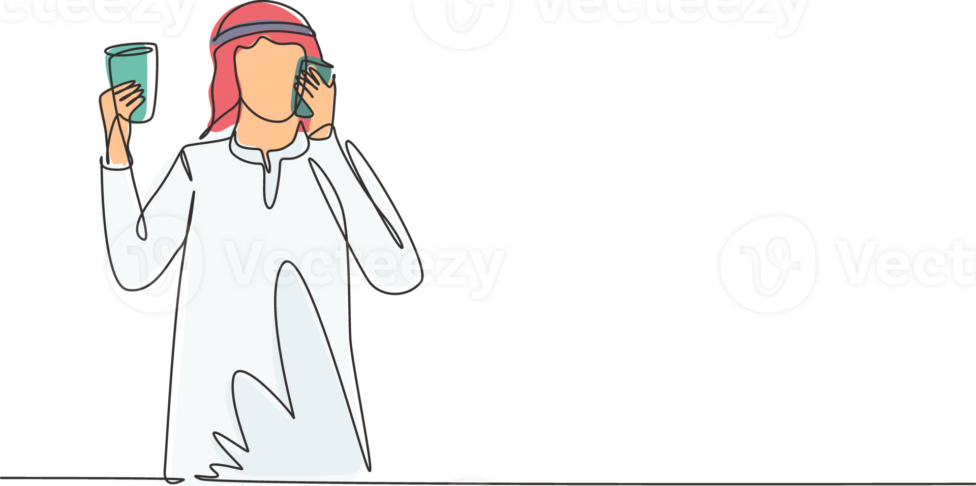 Single continuous line drawing young Arabian man drinking orange juice while making phone call with smartphone and having breakfast at home. Dynamic one line draw graphic design illustration png