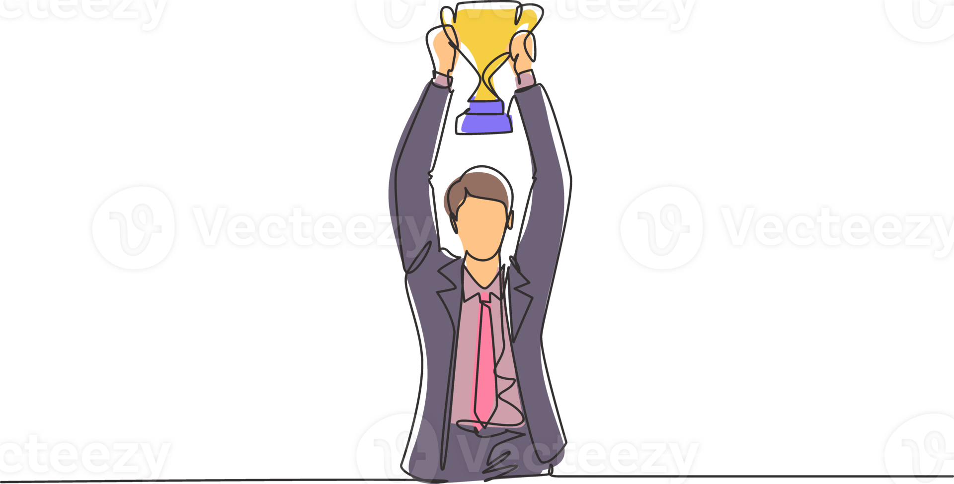 Continuous one line drawing young businessman wearing suit tie holding up golden trophy with both hands. Symbol of achievement business performance. Single line draw design graphic illustration png
