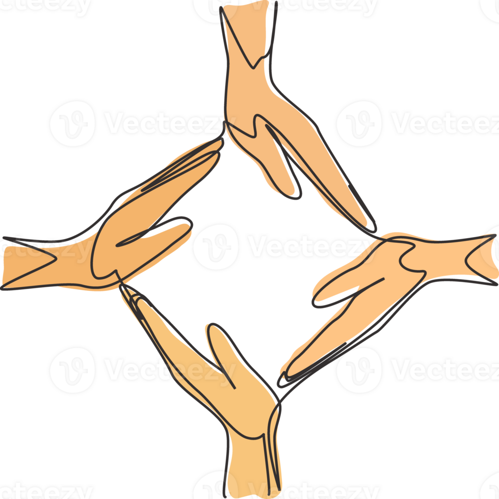 Continuous one line drawing four palm hands make square frame shape. Symbol of care, unity, sharing, trust. Communication with hand gestures. Single line draw design graphic illustration png