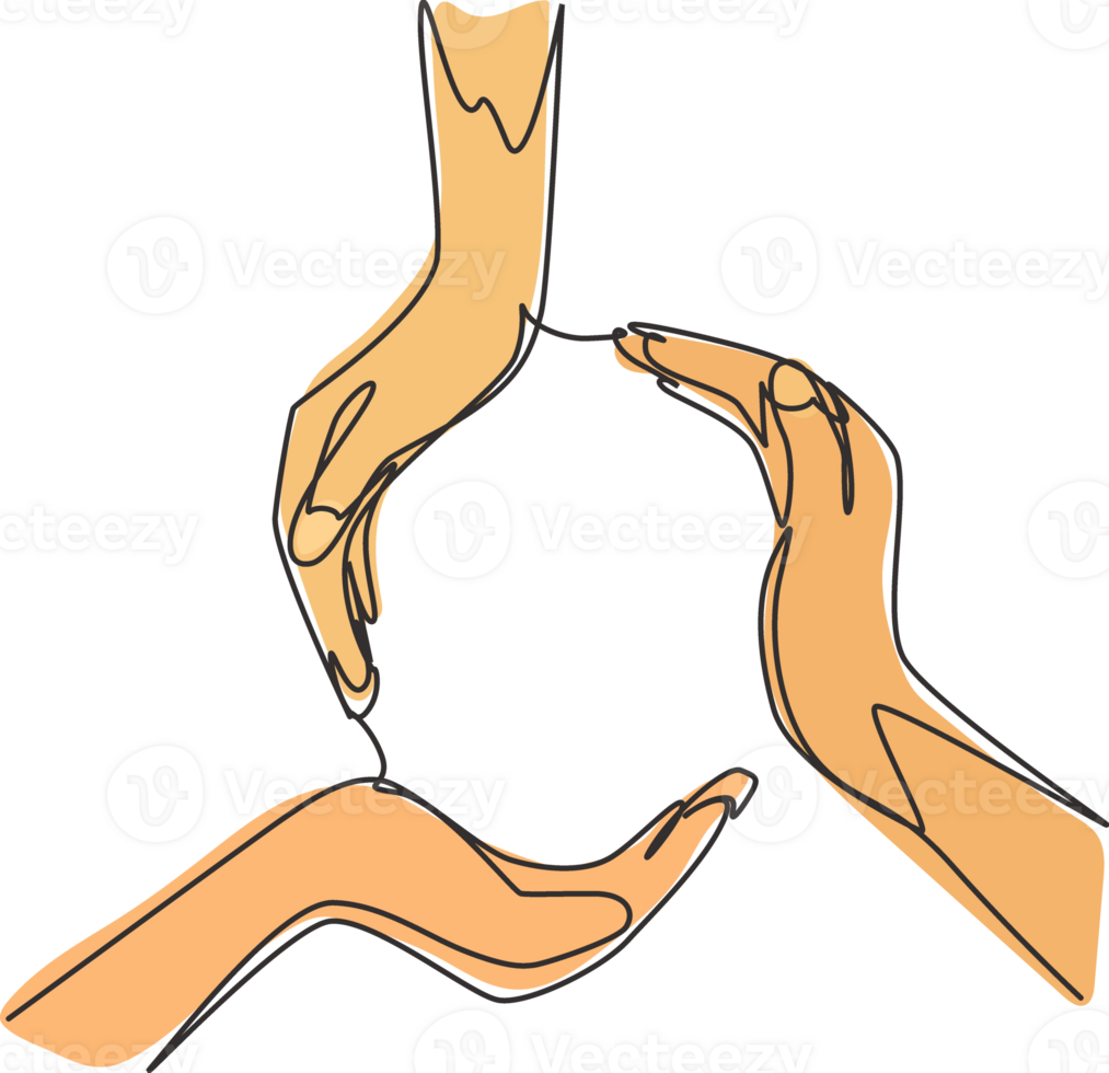 Continuous one line drawing circle made of hands. Symbol of protection, cooperation, care. Communication with hand gestures. Nonverbal signs. Single line draw design graphic illustration png