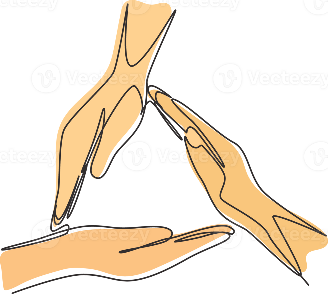 Single continuous line drawing three palm hands make triangle frame shape. Symbol of safety. Communication with hand gestures. Nonverbal signs. Dynamic one line draw graphic design illustration png
