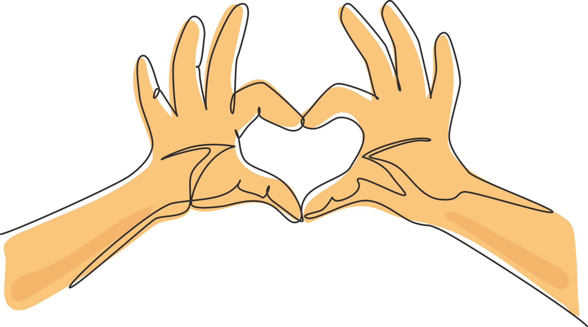 Single one line drawing hands making sign or symbol heart by fingers