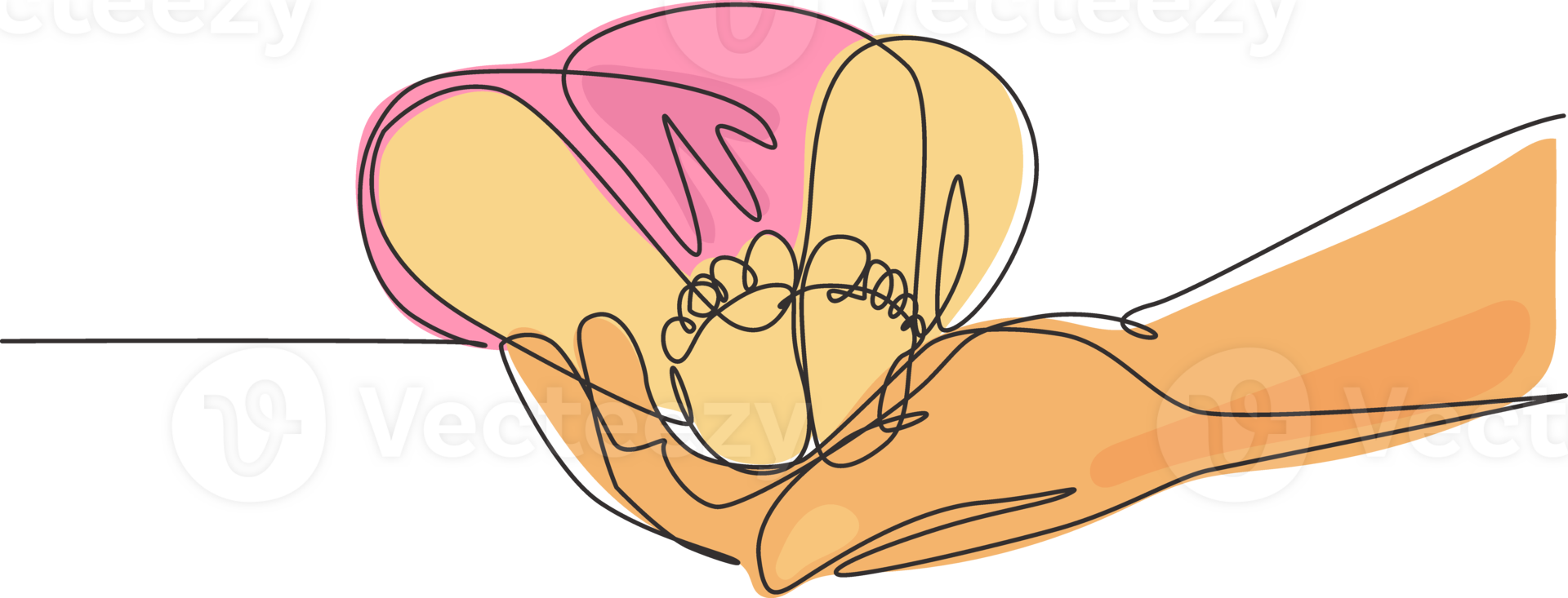 Single continuous line drawing Baby feet in mother hands. Tiny Newborn Baby's feet on female hands. Mom and her Child. Happy Family concept. Beautiful image of maternity. Dynamic one line draw graphic png