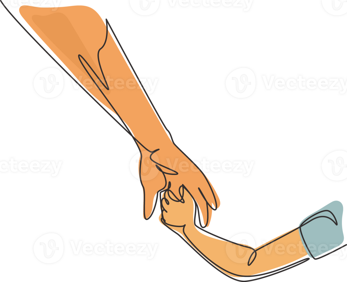 Single continuous line drawing hands of parent and child. Childhood with family. Daughter have bonding with her father. Hero father and family pride. One line draw graphic design illustration png