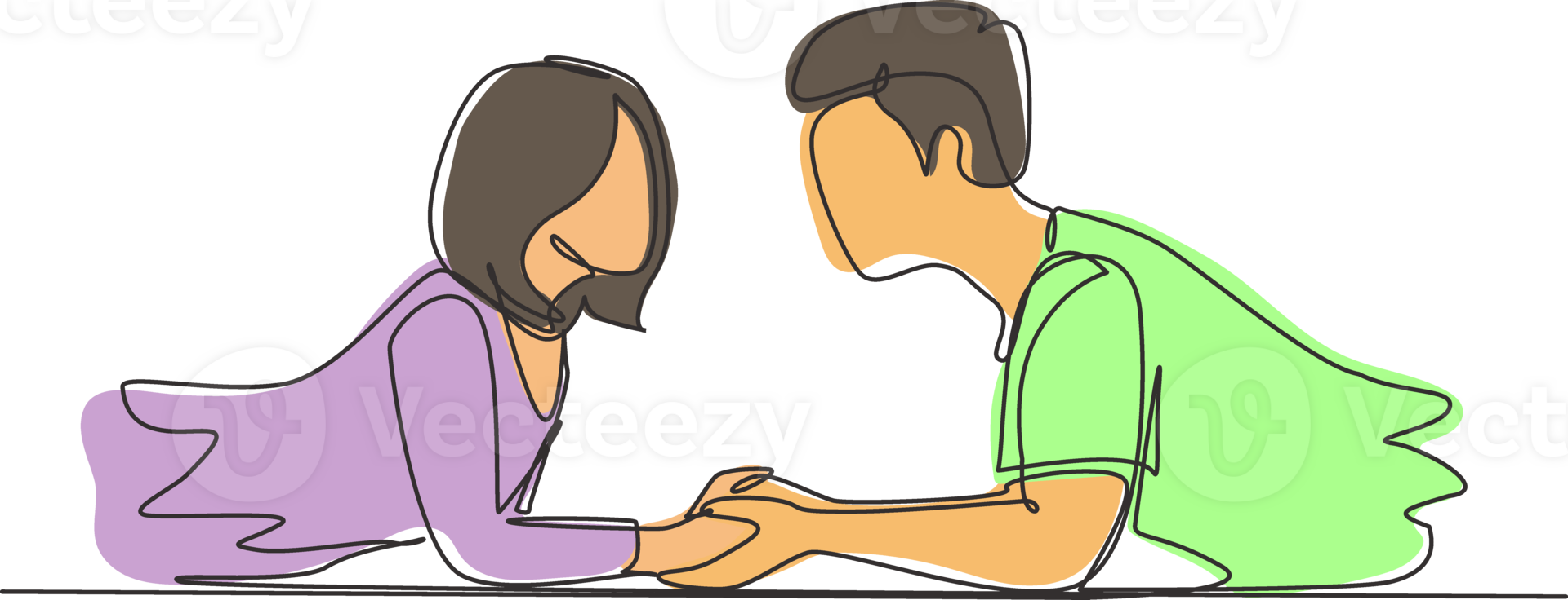 Continuous one line drawing side view of beautiful young couple holding hands, looking at each other and smiling while lying on floor at home. Single line draw design graphic illustration png