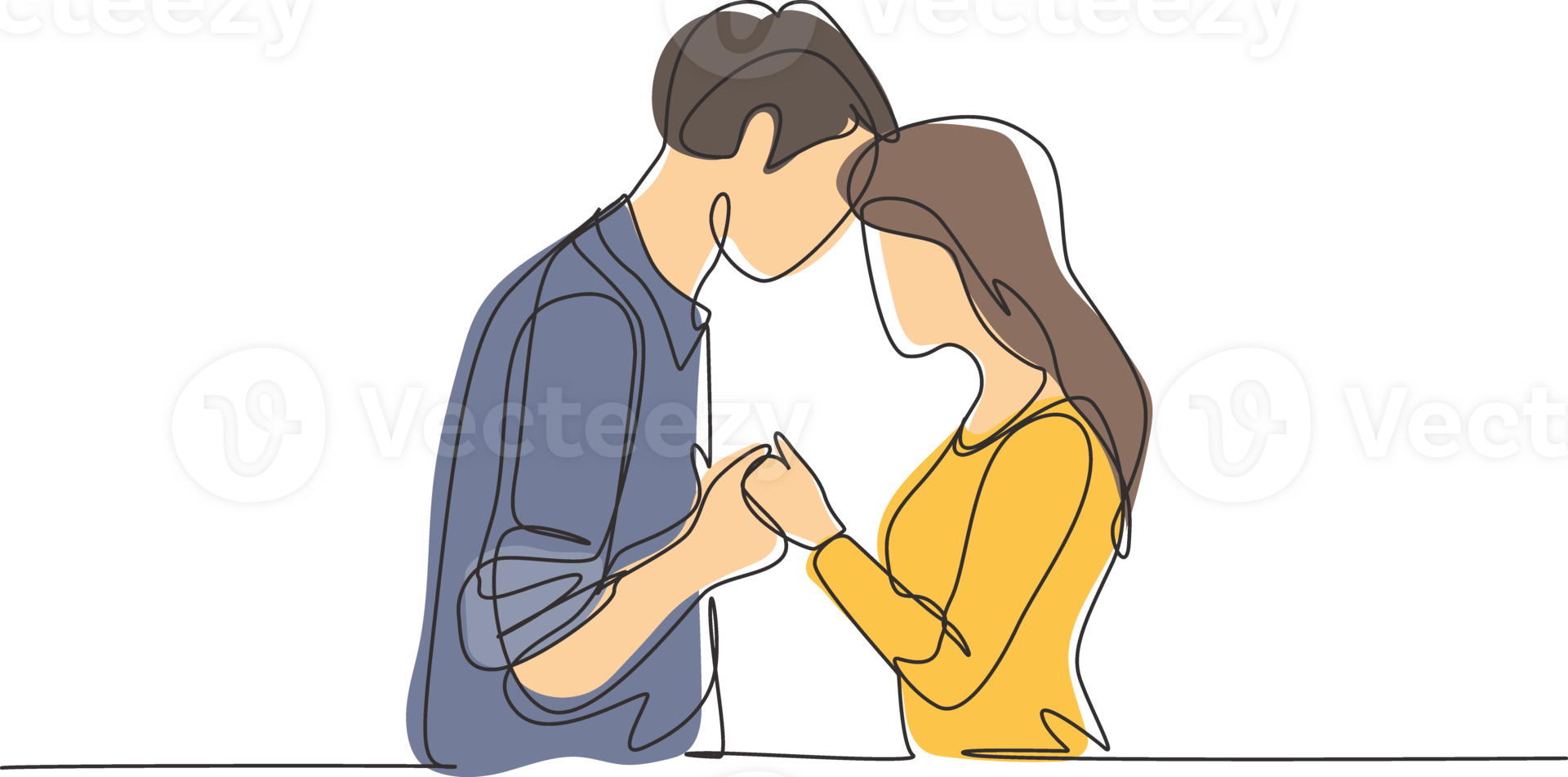 Single one line drawing happy loving couple holding hands. Young couple standing while holding hands, looking at each other and smiling. Modern continuous line draw design graphic illustration png